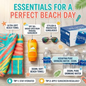 Chuẩn bị đồ đi biển với nước uống tinh khiết Aquafina